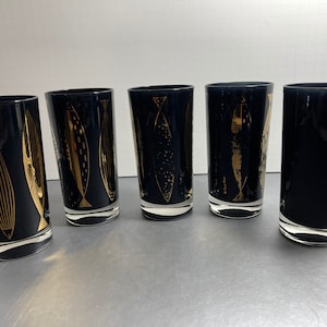 Vintage Fred Press Midcentury Cocktail Glasses 22K Gold FISH DESIGN 1960s Barware MCM Signed