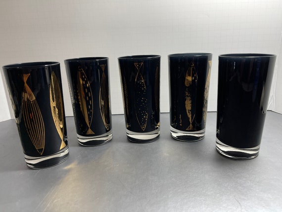 Vintage Fred Press Midcentury Cocktail Glasses 22K Gold FISH