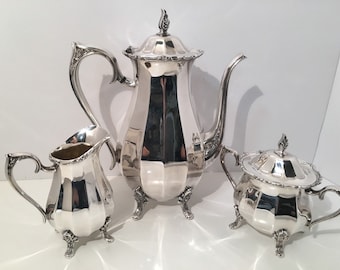 Vintage Rogers Bros. Magic Rose Coffee Pot/Tea Pot Sugar Creamer 3 pc Set Heavy Silver Plate