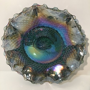 Blue Iridescent Diamond Ruffled Dish/Bowl by Indiana Glass Vintage