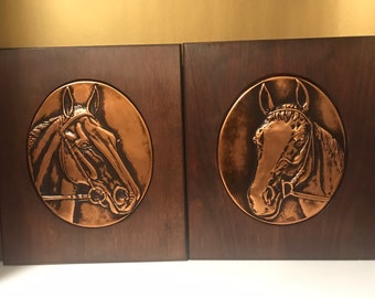 Bruce Fox Signed Copper Relief on Wood Horse Head Plaques Western Ranch Art Vintage 1940s Equestrian Art