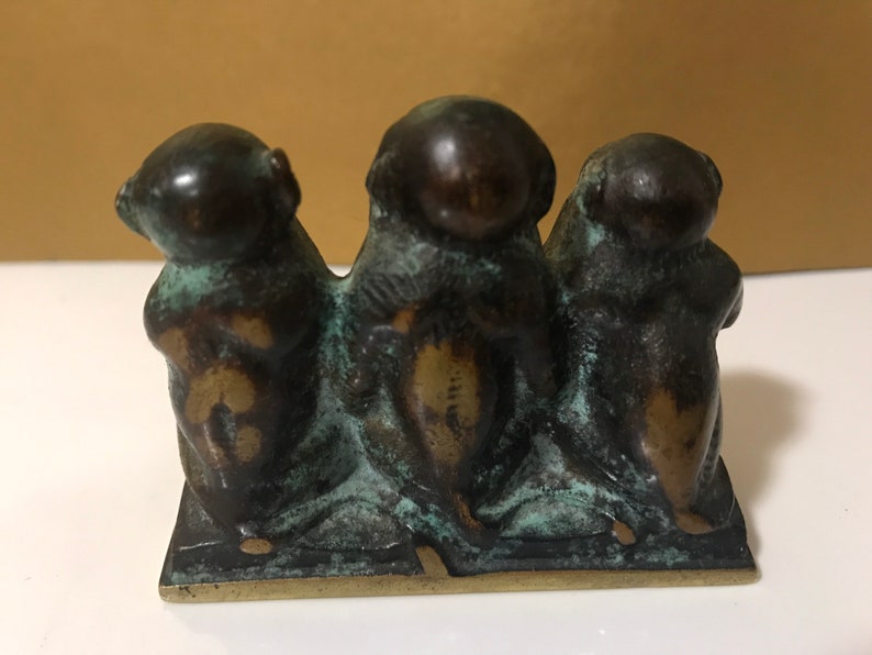 Solid Brass Figurine See No Evil Hear No Evil Speak No Evil Monkeys Tiny 2 58\u201dwide x 2\u201dtall x 1 18\u201d deep