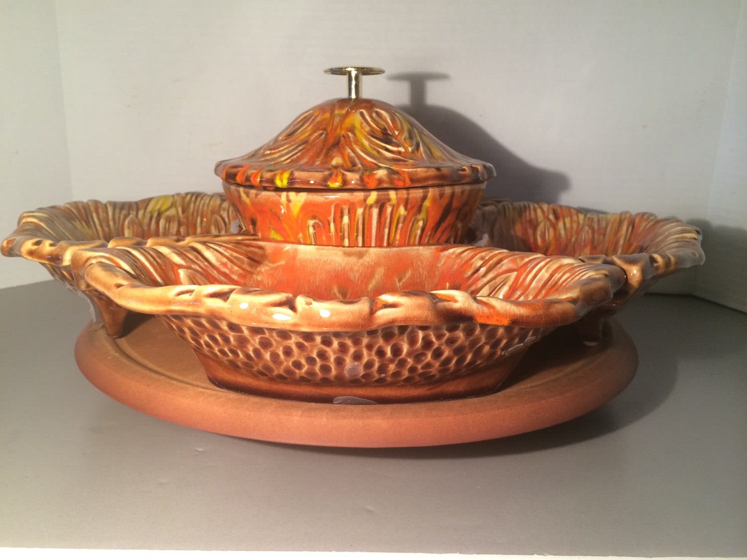 Party Serving California Originals Chip and Dip Lazy Susan Party Bowls Lava Fire Pottery Original 1960s New Condition Never