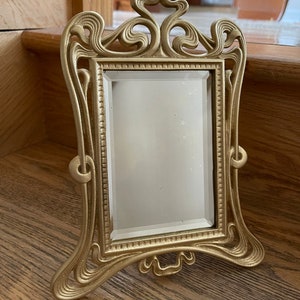 Vintage Ornate 1940s Metal Dresser Vanity Beveled Mirror