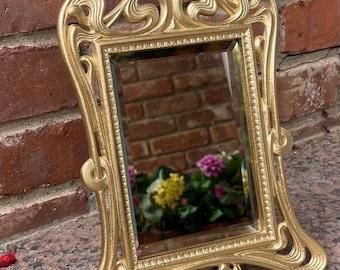 Vintage Ornate 1940s Metal Dresser Vanity Beveled Mirror