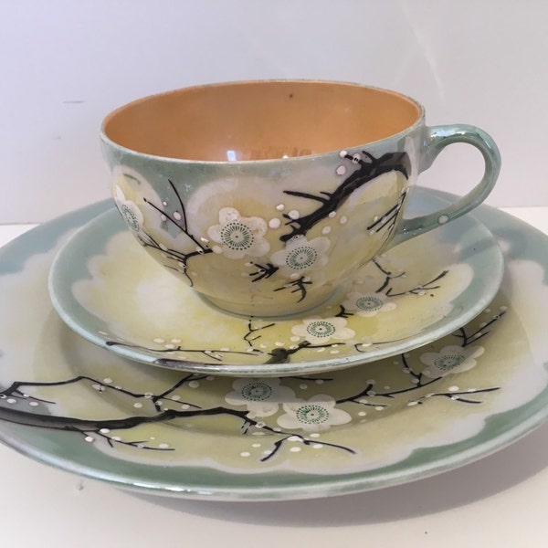 Lusterware Japan Dogwood 3pc Set Cup Saucer & Dessert Plate Vintage 1940s Collectable On Sale GET  20% Off When you Use Coupon Code