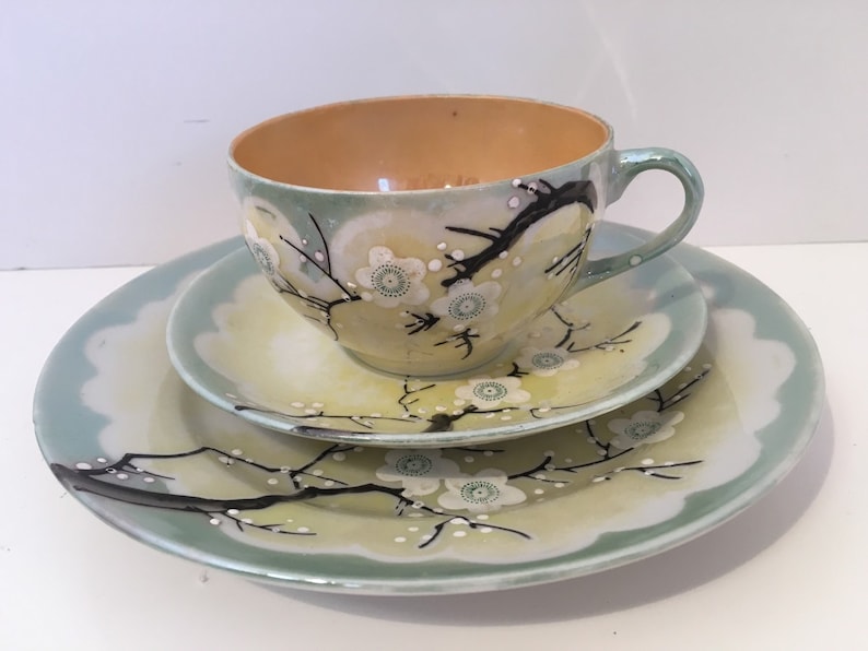 Lusterware Japan Dogwood 3pc Set Cup Saucer /& Dessert Plate Vintage 1940s Collectable