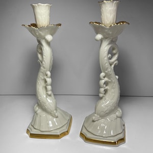 Pair of Lenox Porcelain Koi Fish/Dolphin Candlesticks 24Kt.
