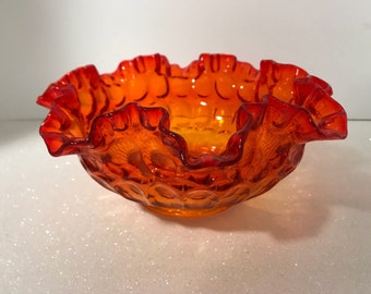 Amberina Fenton Thumbprint Bowl Scalloped Edges Vintage 1960s