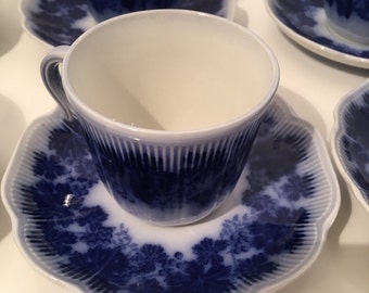 Espresso Cup & Saucer 6pc Set Flow Blue Upsala Ekeby Sweden Vinnanka Percy by Gefle 1940s Vintage