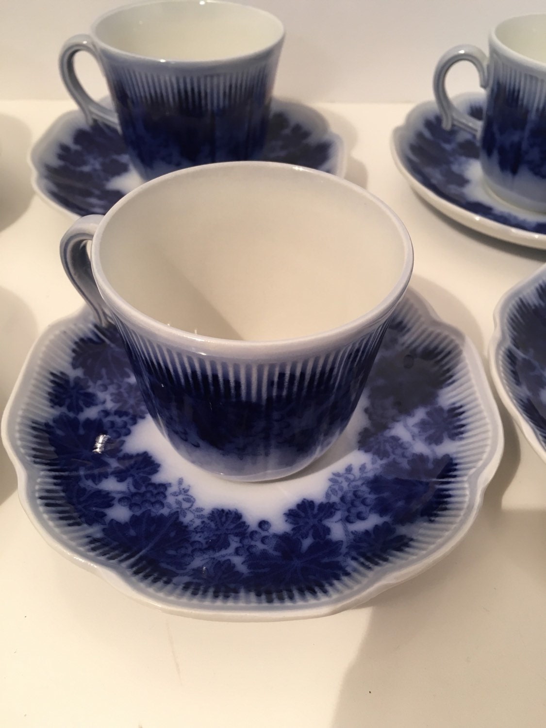 Espresso Cup & Saucer 6pc Set Flow Blue Upsala Ekeby Sweden Vinnanka Percy by Gefle 1940s Vintage