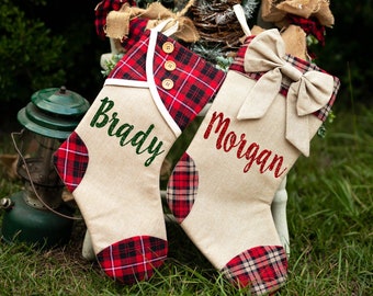 Personalized Stockings Holiday Stockings Monogrammed Stockings - Burlap Christmas Stockings - Personalized Christmas Stockings Plaid Rustic