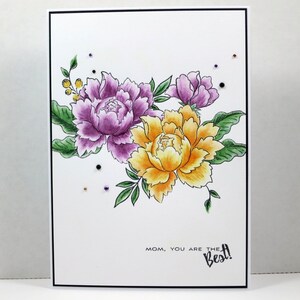 Di peonia madre giorno felice, carte madri giorno, giorno della mamma, peonia Card, carta fatta a mano - viola e giallo