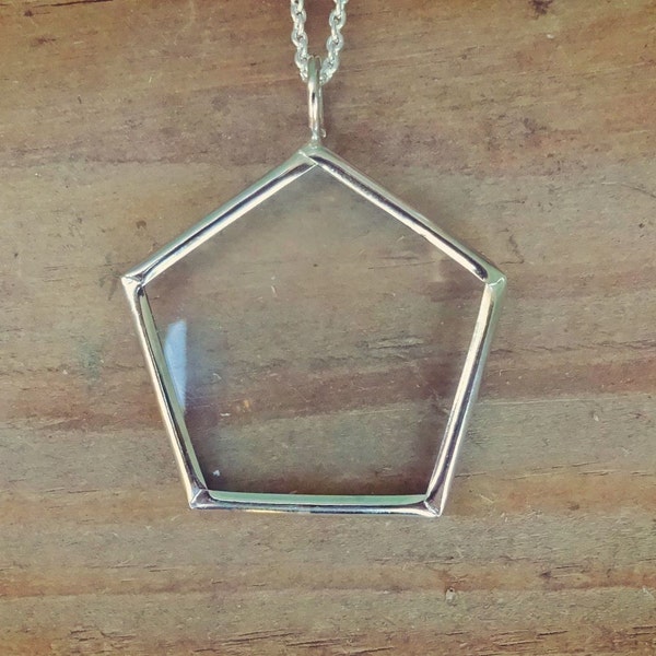 Pentagon Shaped Silver Glass Monocle Necklace