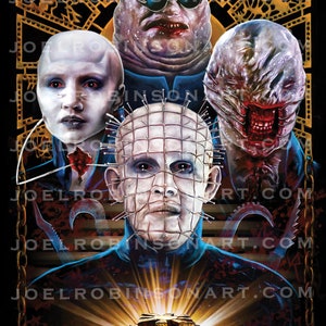 May include: A digital illustration of five horror movie villains, including Pinhead from Hellraiser, holding a golden box with a glowing light emanating from it. The villains are depicted in a dark and menacing style, with sharp teeth and piercing eyes.