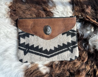 Wool Southwestern Leather Zipper Pouch - Handcrafted Western Style Clutch