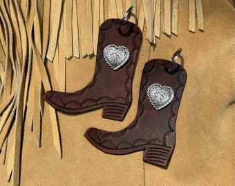 Leather Cowgirl Boot Heart Concho Western Keychain