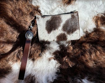 Genuine Cowhide Zipper Wristlet Wallet - Western Style Coin Pouch Wallet