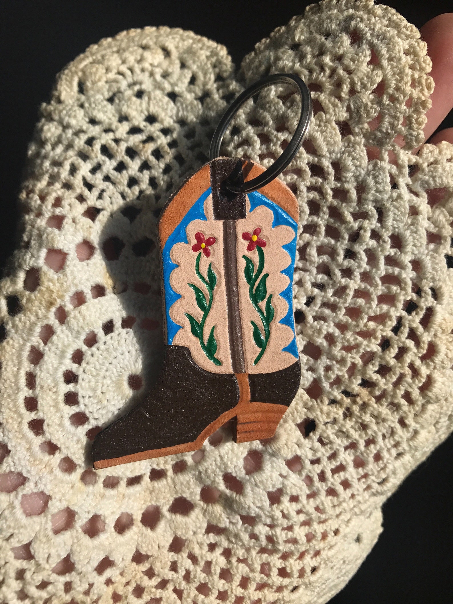 Tooled Leather Cowboy Boot Keychain Etsy