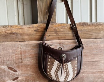 Southwestern Leather Wool Crossbody Bag - Western Style Handcrafted Purse