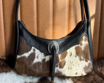 Handmade Cowhide Black Leather Zipper Western Style Shoulder Bag