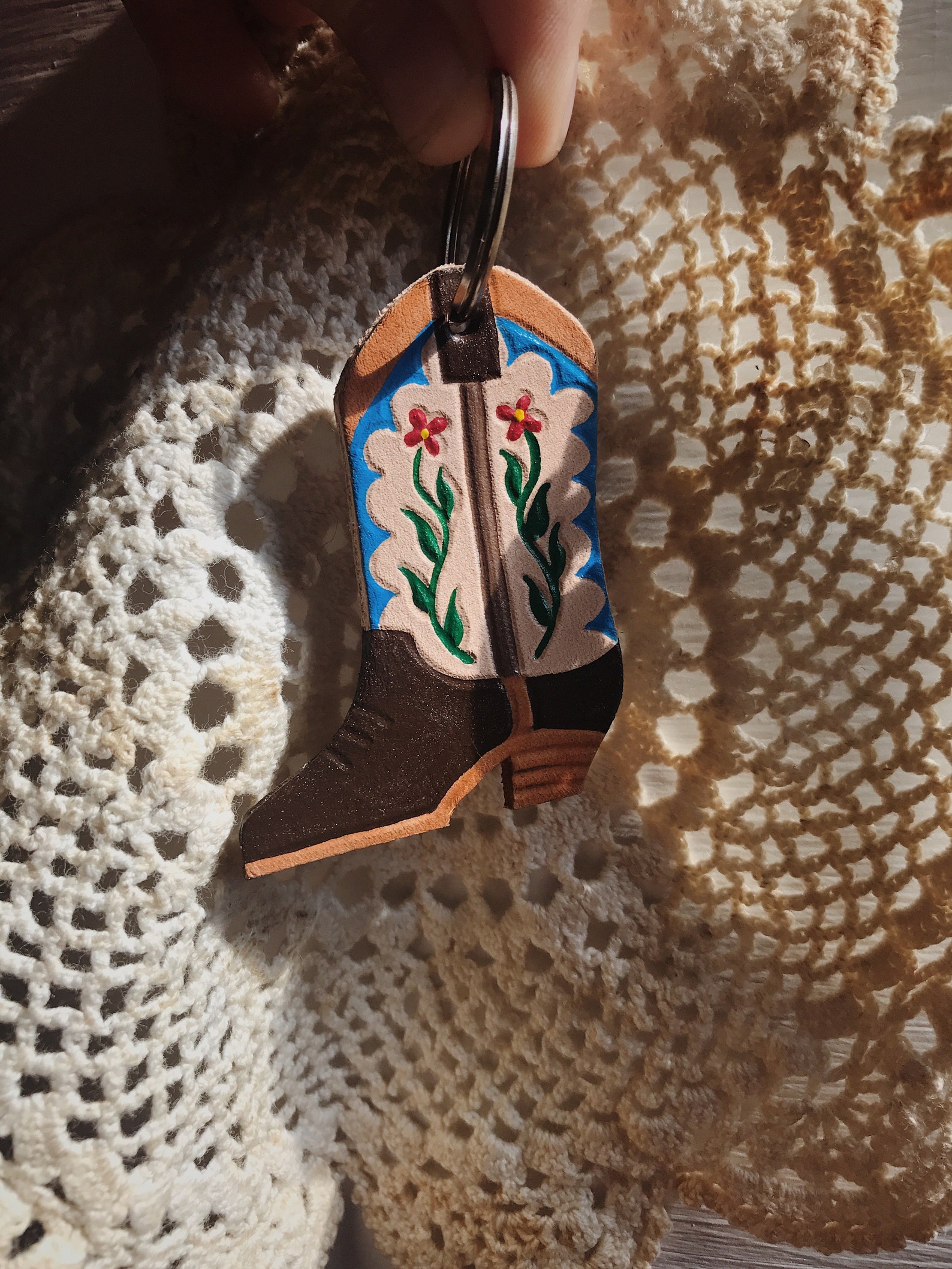 Tooled Leather Cowboy Boot Keychain Etsy