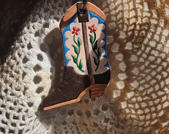 Tooled Leather Cowboy Boot Keychain - Handpainted Cowgirl Boot Western Keychain