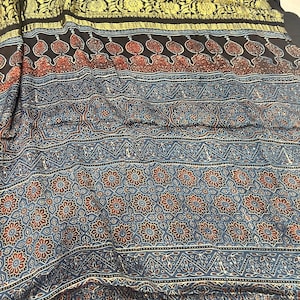 Hand Block printed Ajrakh on modal Silk | Tissue Border | Modal Silk Ajrakh | SilkSaga