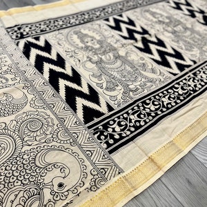 Hand painted Managalgiri Cotton Pen Kalamkari Dupatta | Handmade scarf | Natural Colors | SilkSaga