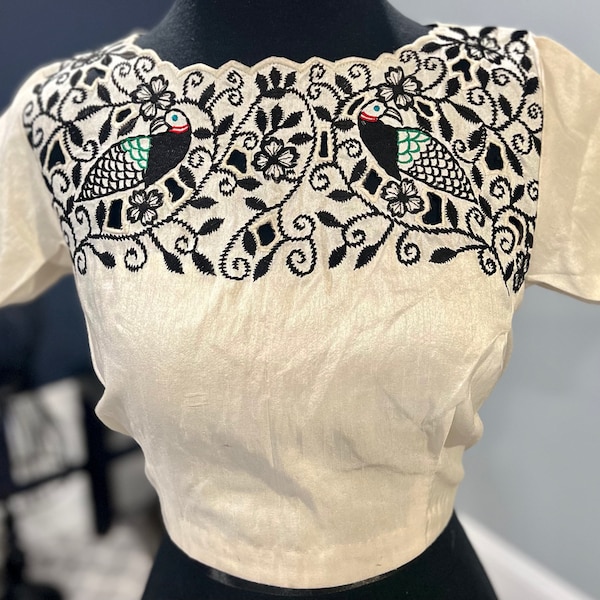 White Cotton with Black Cut work Embroidery Blouse | Saree Blouse | Readymade Blouse | Women Blouse | SilkSaga Sarees