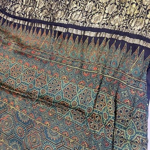 Hand Block printed Ajrakh on modal Silk | Zari Border | modal Silk Ajrakh | SilkSaga