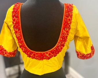 Yellow Cotton Saree Blouse: Red Parsi Embroidery, Readymade