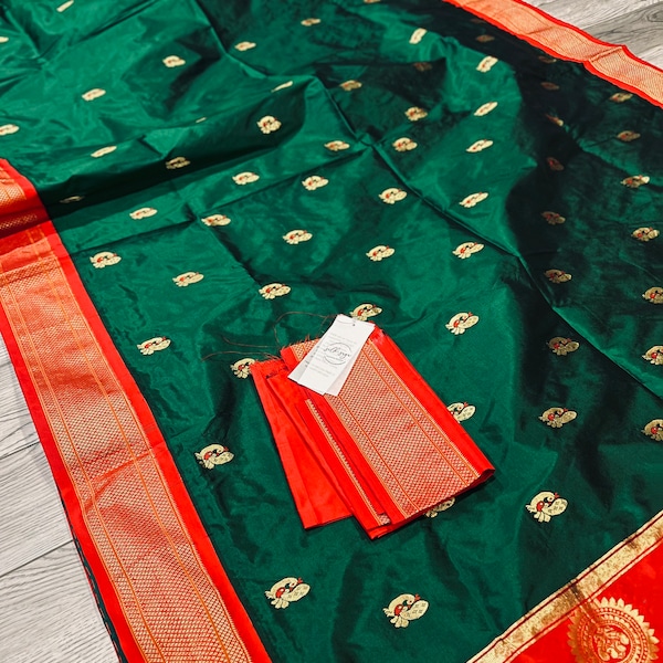 Powerloom Pure Silk Rani Paithani Sari in Sea Foam Green with Red Border | Red and Gold Border | Jacquard Peacock Pallu | SilkSaga