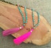 N621 - Long Antique Bronze Chain Necklace - Turquoise Beads and Pink Tassel - Long Tassel Necklace -Boho Jewelry - Claribella 