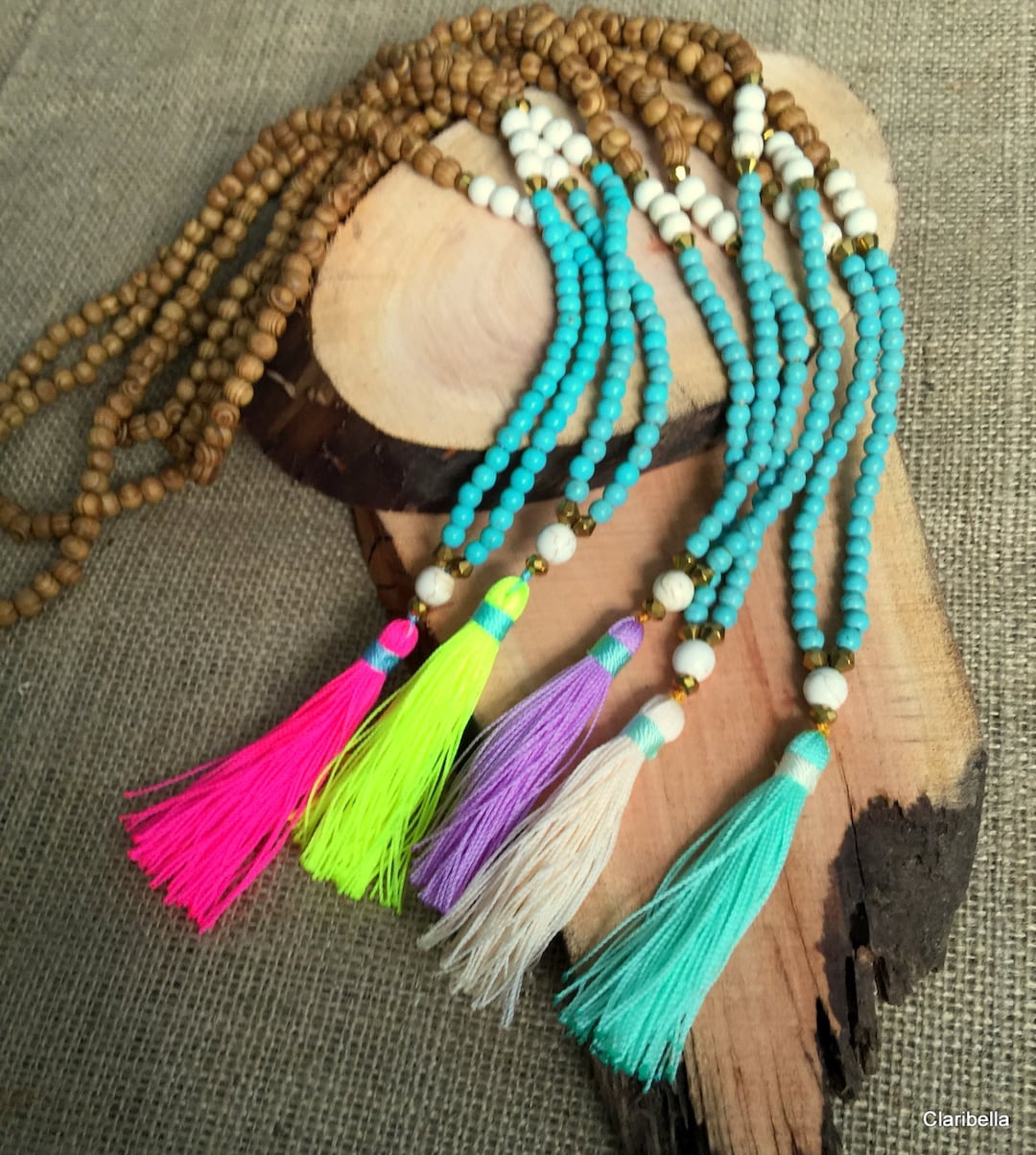 N692 Long Tassel Necklace Wood Beads, Turquoise Beads Long Beaded Tassel Necklace Boho Jewelry