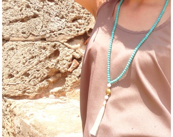 N601 - Long Turquoise Beaded Necklace - Cream Tassel - Long Tassel Necklace
