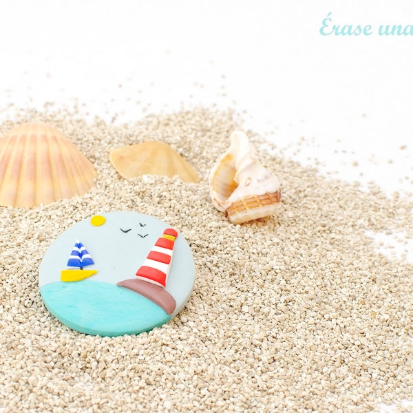 Summer brooch, lighthouse pin, polimerclay lighthouse, clay brooch, original brooch.