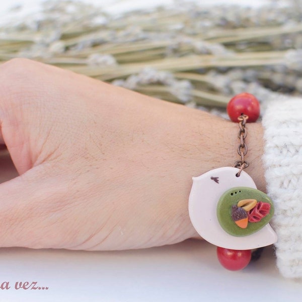 Autumn bird bracelet handmade with polymer clay, original gift for women, gift for her.