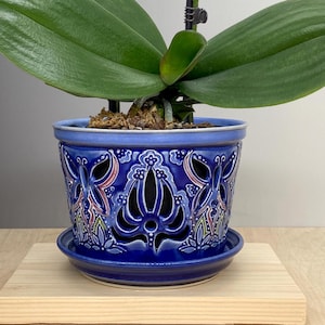 Large Orchid Pot - Floral Butterfly Design - Slip Trailed Pottery - Ceramic Luminary