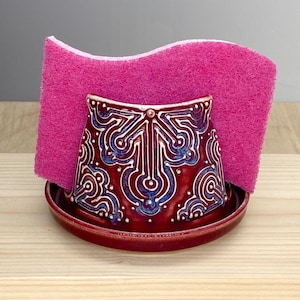 Ceramic Sponge Holder - Napkin Holder - Arabesque Design - Kitchen Decor - Slip Trailed Pottery