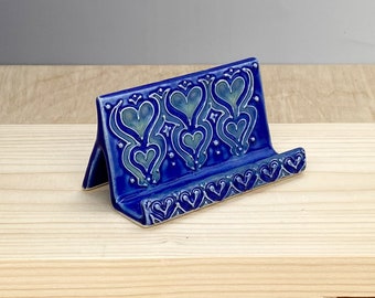 Ceramic Cell Phone Holder – Phone Stand for Desk – Heart Design – Slip Trailed Pottery