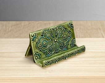 Ceramic Cell Phone Holder – Phone Stand for Desk – Arabesque Design – Slip Trailed Pottery