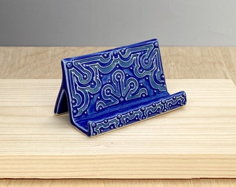 Ceramic Cell Phone Holder – Phone Stand for Desk – Arabesque Design – Slip Trailed Pottery