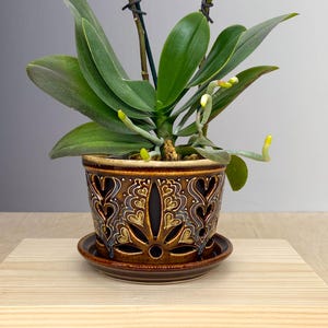 Puede incluir: Una orquídea phalaenopsis vibrante con pétalos de color magenta intenso y centros amarillos, plantada en una maceta de cerámica marrón con intrincados patrones de corazones recortados y un plato a juego. La planta tiene hojas verdes anchas.