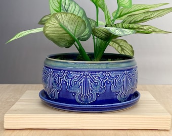 5" Ceramic Planter – Planter with Attached Bottom -  Arabesque Design - Slip Trailed Pottery