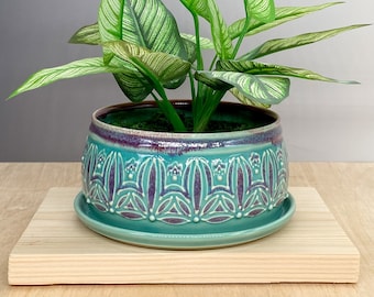 5" Ceramic Planter – Planter with Attached Bottom -  Floral Design - Slip Trailed Pottery