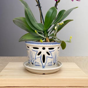 May include: A vibrant magenta Phalaenopsis orchid plant with two flowering stems supported by dark stakes, potted in a white ceramic planter featuring blue-accented cutouts and a matching saucer, showcasing broad green leaves and aerial roots.