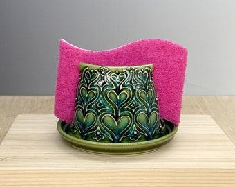 Ceramic Sponge Holder - Napkin Holder - Heart Design - Kitchen Decor - Slip Trailed Pottery