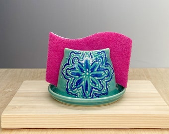 Ceramic Sponge Holder - Napkin Holder - Floral Design - Kitchen Decor - Slip Trailed Pottery