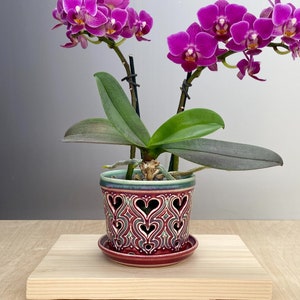 Small Orchid Pot - Heart Design - Slip Trailed Pottery - Ceramic Luminary